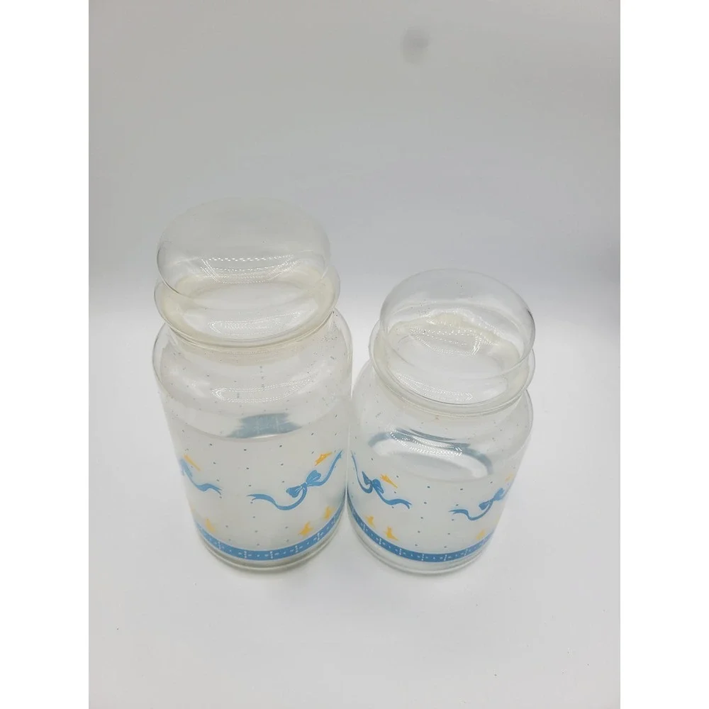 Vintage Country Goose Glass Canister Set Blue Ribbon Farmhouse Kitchen Jars 2pc